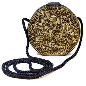 VTG Oscar De La Renta Small Round Pill Box Evening Bag Gold Beading Black Satin